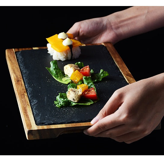 Zwarte Acaciahouten Serveerplank Met Stenen Inzet