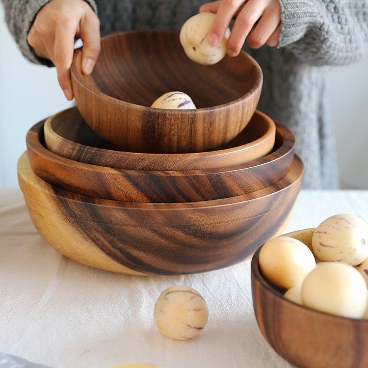 Natuurlijke Houten Schaal – Japandi Fruitschaal & Salade Bowl
