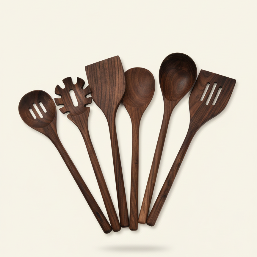 6-Delige Walnoothouten Keukenset