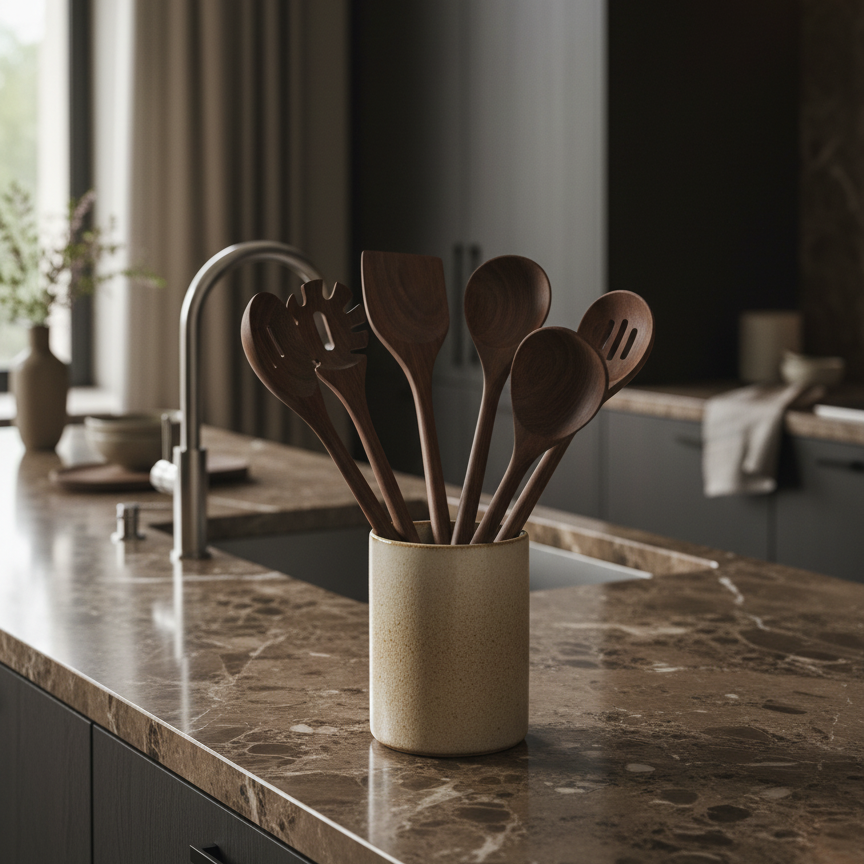 6-Delige Walnoothouten Keukenset