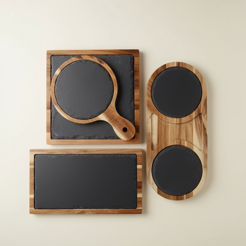 Zwarte Acaciahouten Serveerplank Met Stenen Inzet