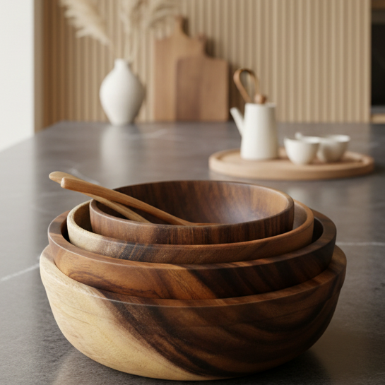 Natuurlijke Houten Schaal – Japandi Fruitschaal & Salade Bowl